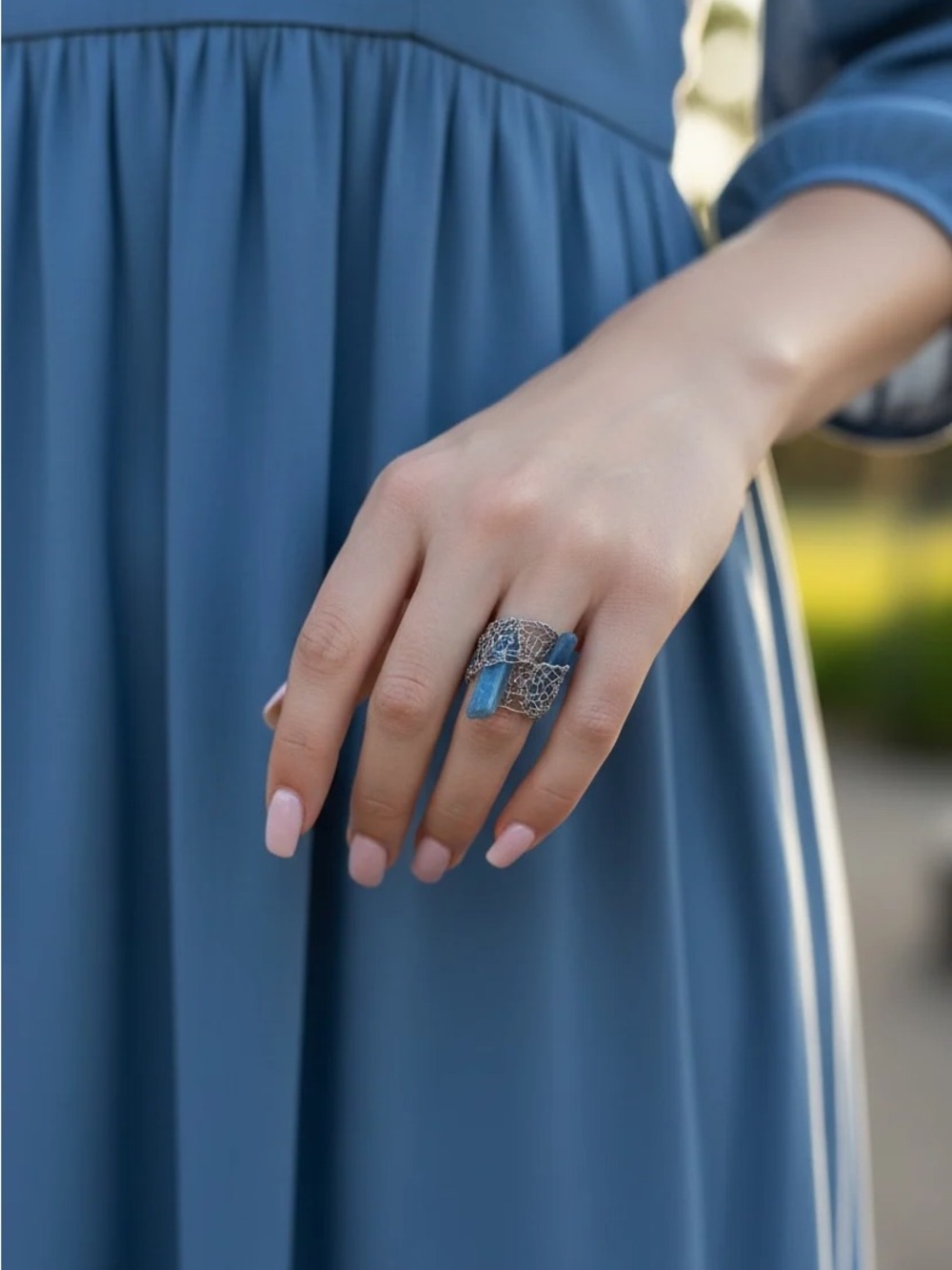 Silver Filigree Ring with Blue Stone Accent - Women Jewelry